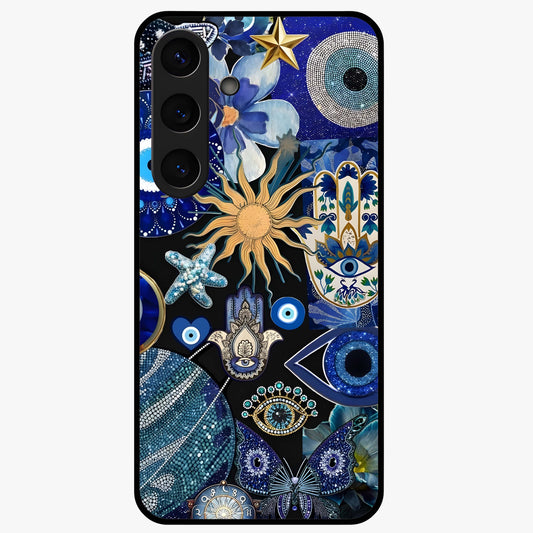 Evil Eye Charm Mix Glass Case showing flat back view with multiple evil eye charms artwork and glossy glass finish.