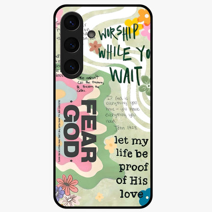 Faith Over Fear Glass Case showing flat back view with motivational typography artwork and glossy glass finish.