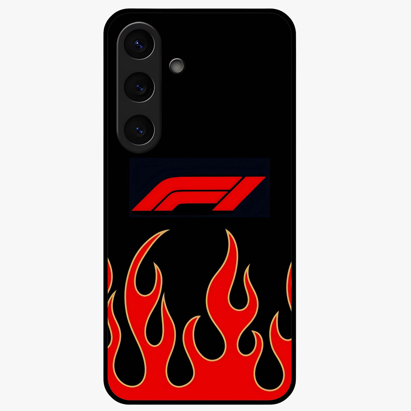 Fire F11 Glass Case showing flat back view with fiery themed artwork and glossy glass finish.