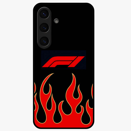 Fire F11 Glass Case showing flat back view with fiery themed artwork and glossy glass finish.
