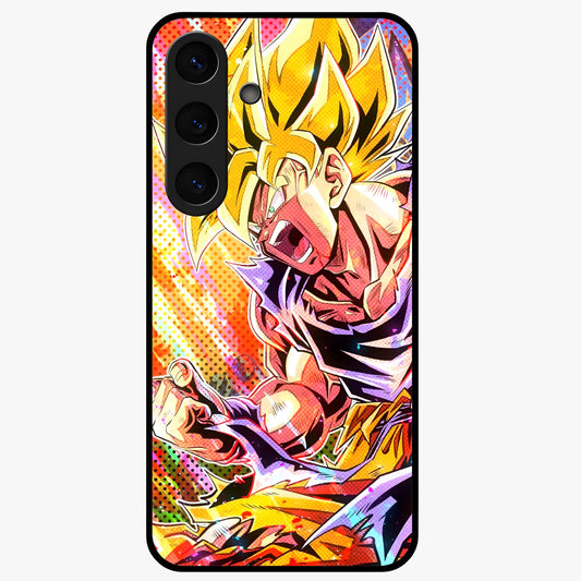 Firing Goku Glass Case showing flat back view with powerful anime inspired artwork and glossy glass finish.