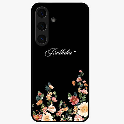 Floral Design With a Custom Personalized Name Glass Case showing flat back view with floral artwork and personalized name design.