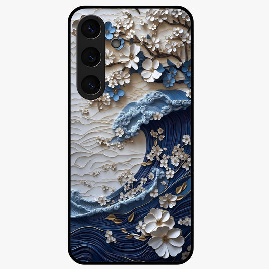 Floral Wave Origami Glass Case showing flat back view with origami inspired floral wave artwork and glossy glass finish.