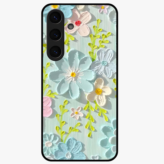 Frosted Petal Garden Glass Case showing flat back view with soft frosted floral artwork and glossy glass finish.