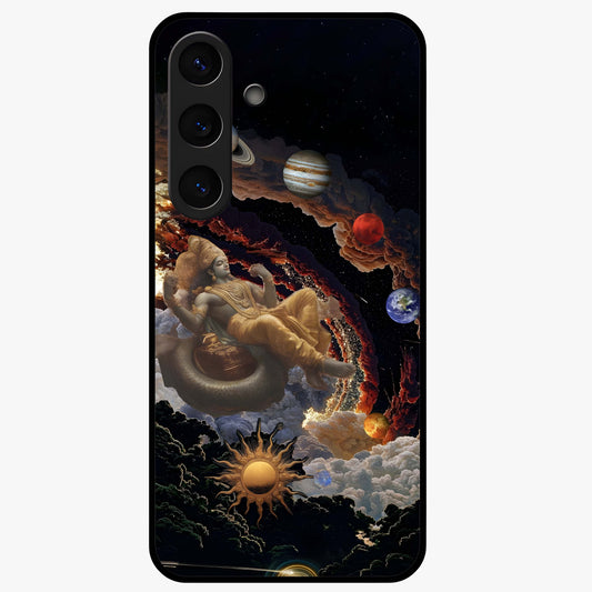 Galactic Divine God Glass Case showing flat back view with divine cosmic themed artwork and glossy glass finish.