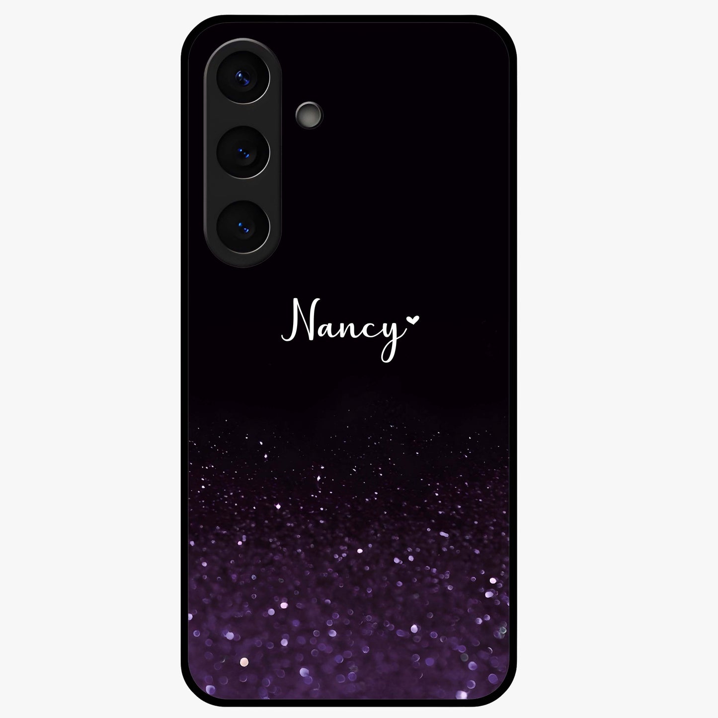 Glittery Purple Bokeh Custom Name Glass Case showing flat back view with purple bokeh sparkle artwork and personalized name design.