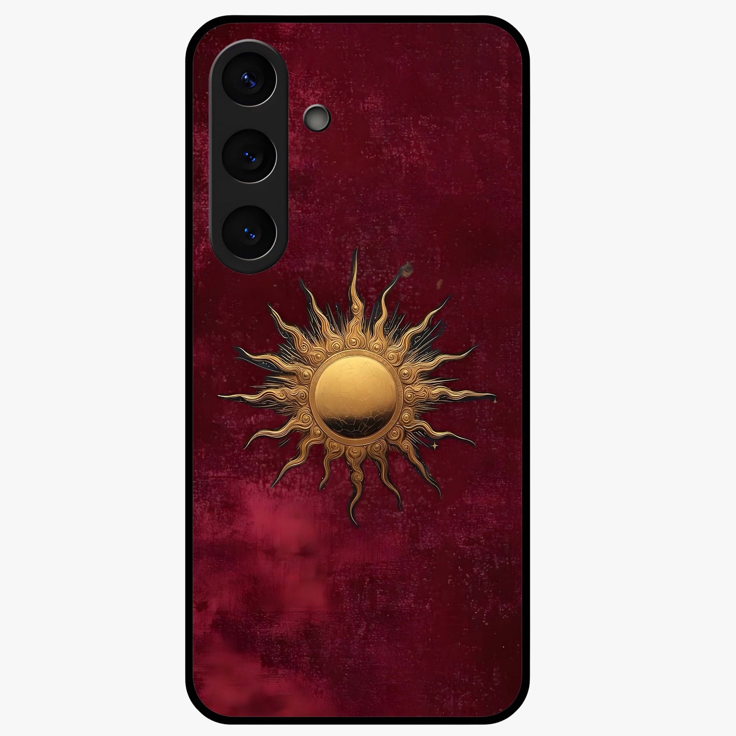 Golden Celestial Charm Glass Case showing flat back view with golden celestial charm artwork and glossy glass finish.