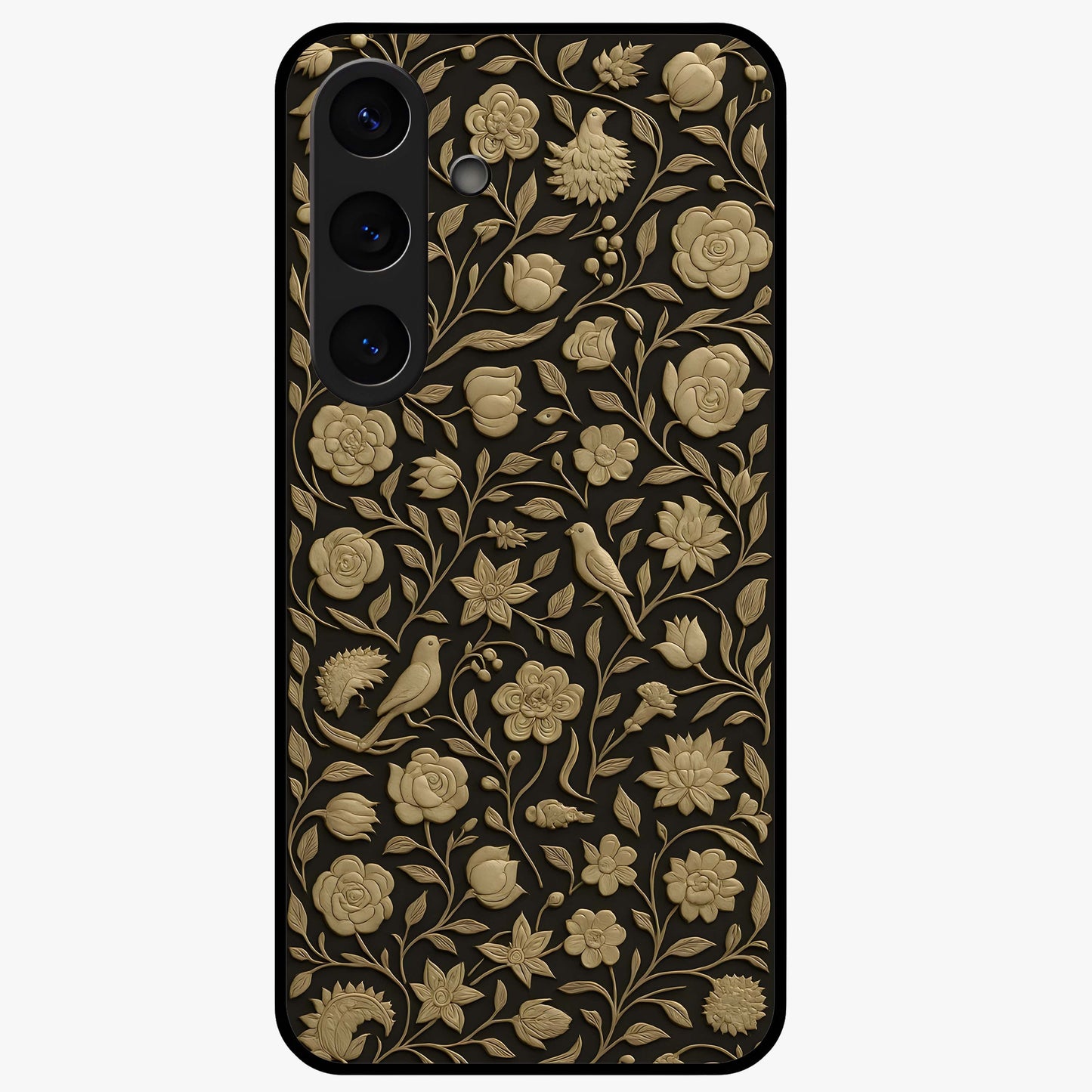 Golden Lotus Glow Glass Case showing flat back view with glowing lotus flower artwork and glossy glass finish.