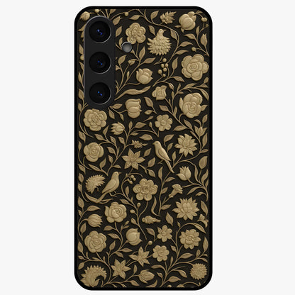 Golden Lotus Glow Glass Case showing flat back view with glowing lotus flower artwork and glossy glass finish.