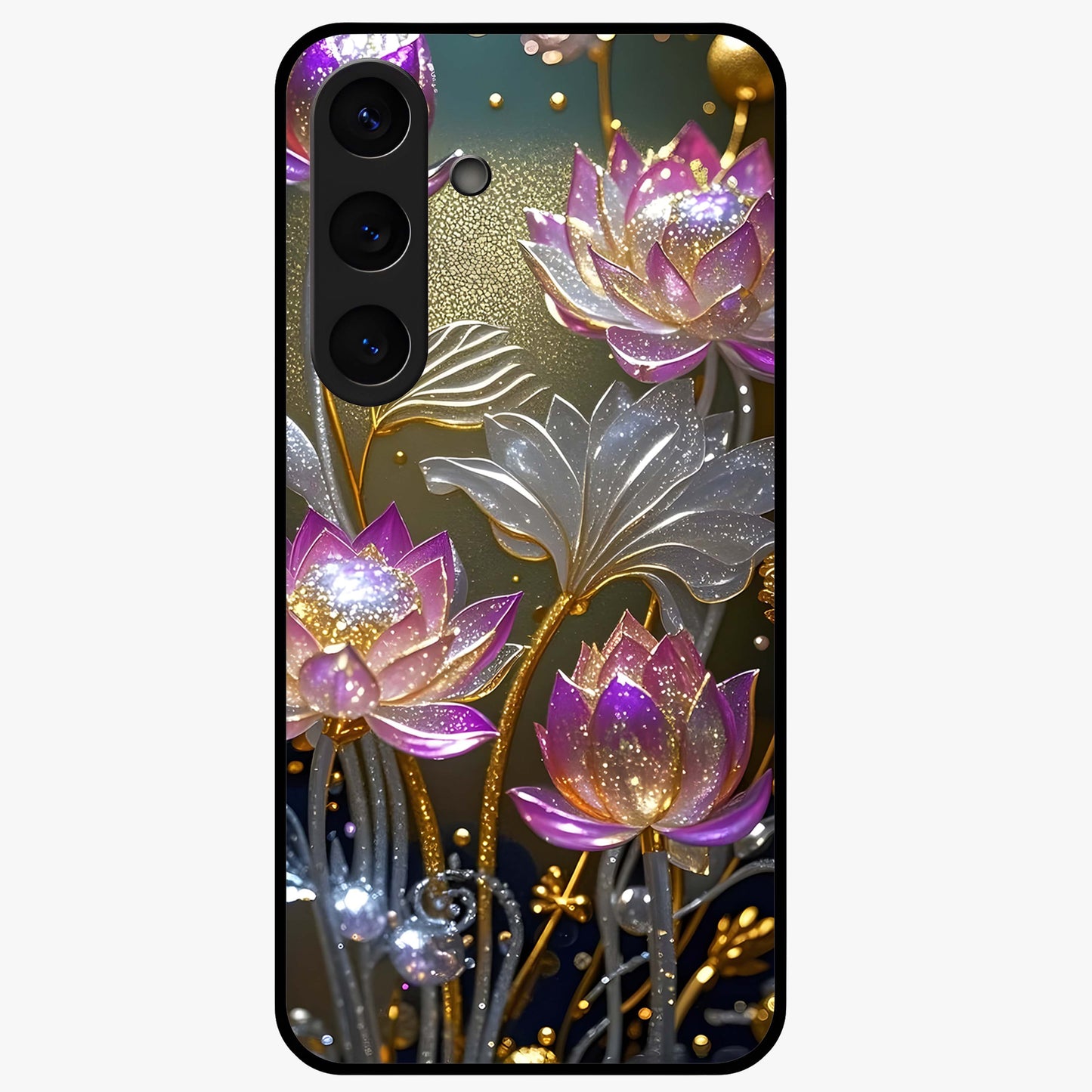 Golden Royal Heritage Glass Case showing flat back view with ornate royal pattern artwork and glossy glass finish.