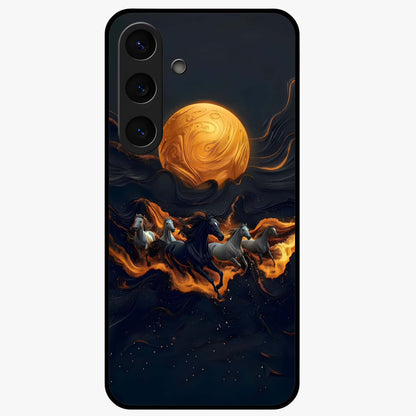 Golden Sun Majesty Glass Case showing flat back view with radiant golden sun artwork and glossy glass finish.