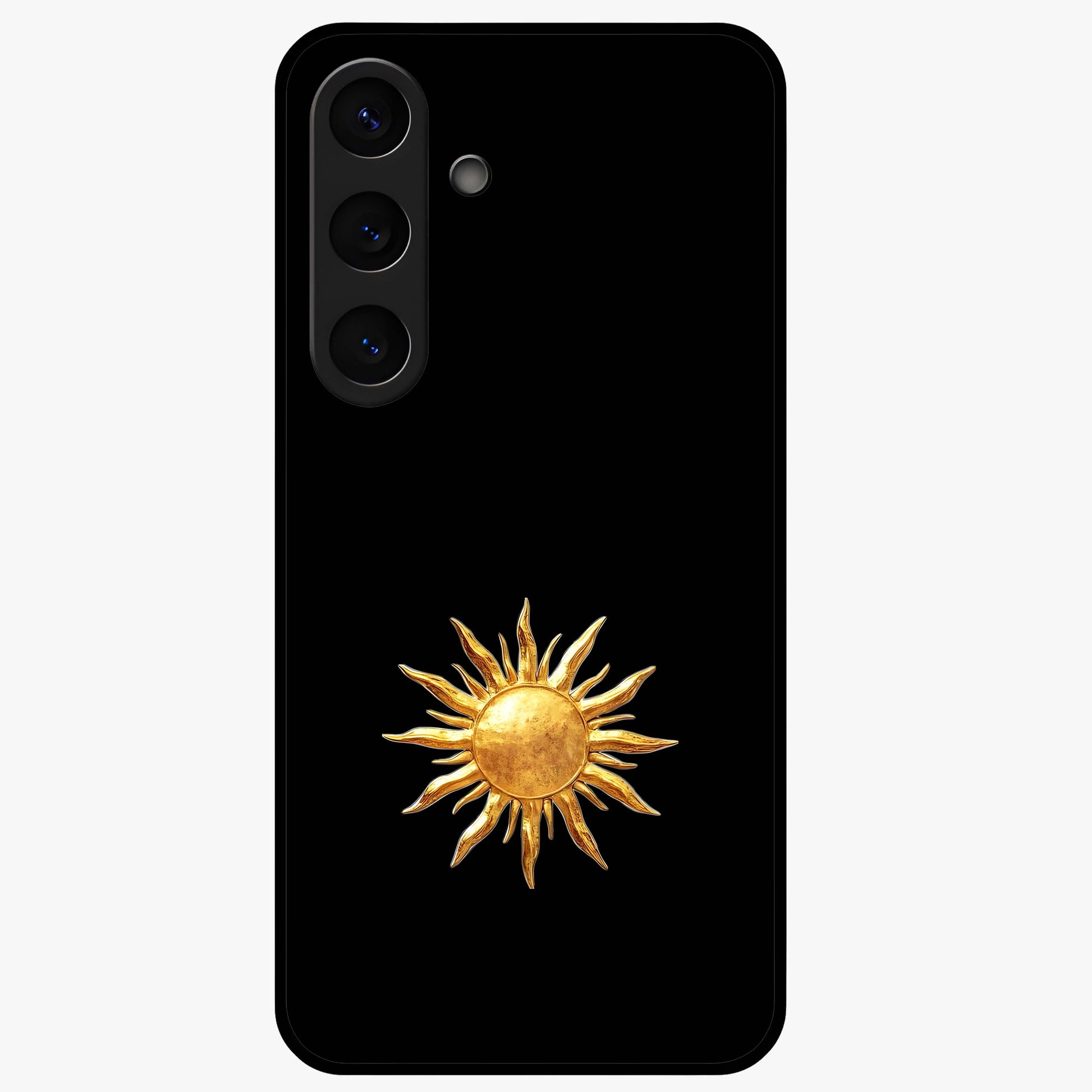 Gold Sun Blush Glass Case showing flat back view with golden sun inspired artwork and glossy glass finish.