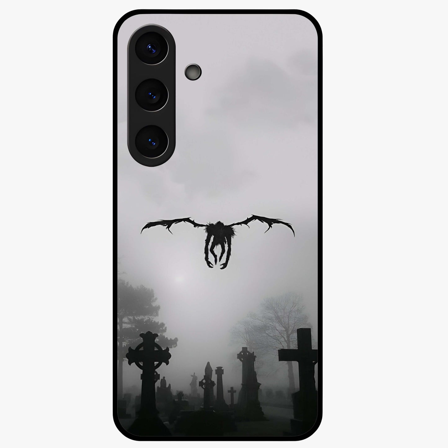 Graveyard Shadow Descent Glass Case showing flat back view with dark graveyard themed artwork and glossy glass finish.