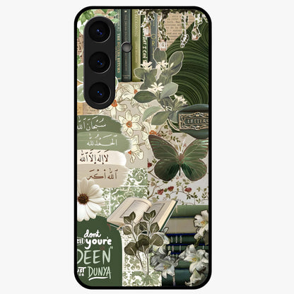 Green Islamic Books Quotes Glass Case showing flat back view with Islamic quotes and book themed artwork and glossy glass finish.