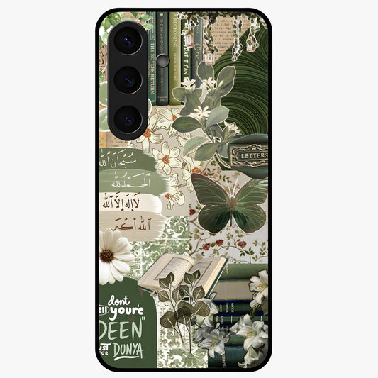 Green Islamic Books Quotes Glass Case showing flat back view with Islamic quotes and book themed artwork and glossy glass finish.