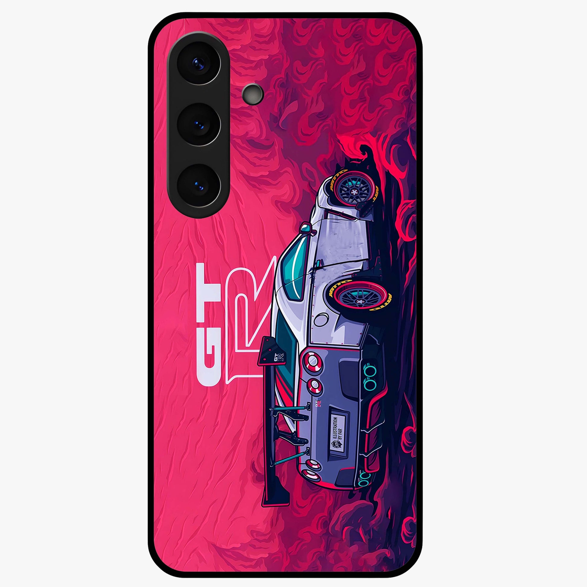 GT-R Car Pattern Glass Case showing flat back view with sporty car inspired pattern artwork and glossy glass finish.