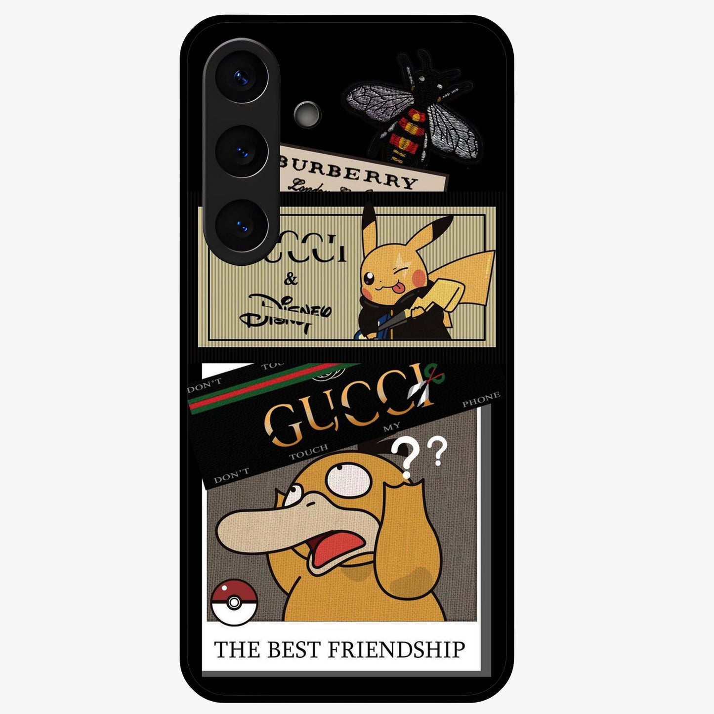 Gucci Play Mashup Glass Case showing flat back view with luxury inspired graphic artwork and glossy glass finish.