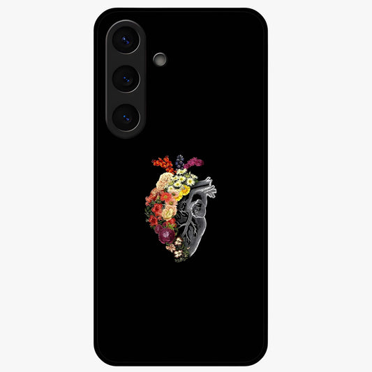 Heart With Flowers Glass Case showing flat back view with heart shaped floral artwork and glossy glass finish.