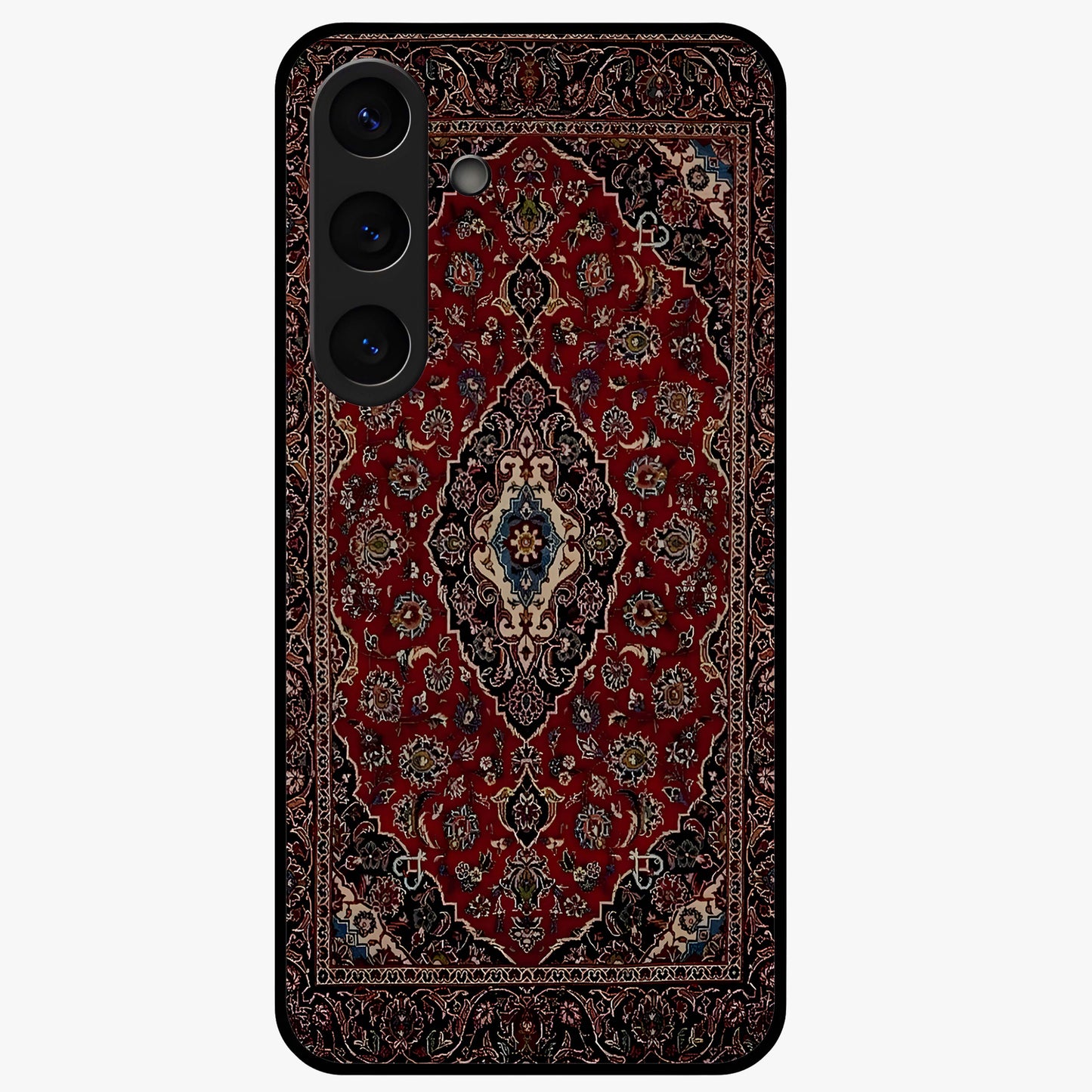 Heritage Carpet Royale Glass Case showing flat back view with ornate Persian carpet inspired pattern and glossy glass finish.