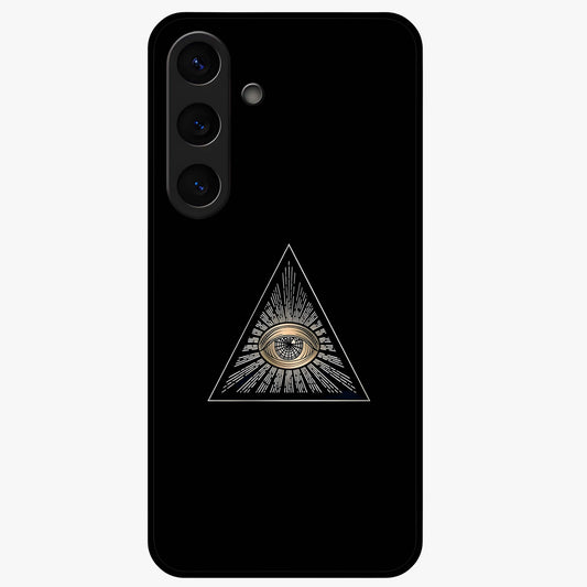Illuminati Evil Glass Case showing flat back view with mysterious illuminati symbol artwork and glossy glass finish.
