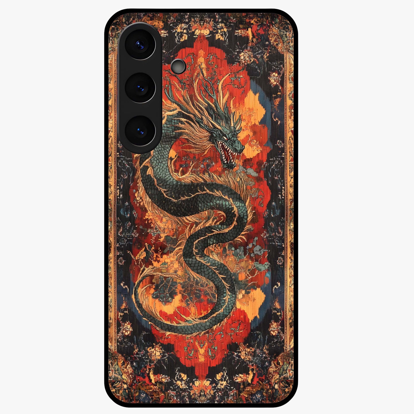 Inferno Dragon Soul Glass Case showing flat back view with fiery dragon artwork and glossy glass finish.