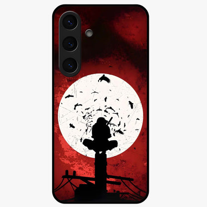 Itachi Sharingan Glass Case showing flat back view with powerful anime eye artwork and glossy glass finish.