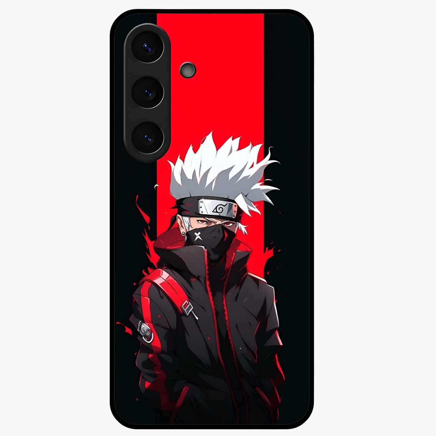Kakashi Scarlet Shadow Glass Case showing flat back view with powerful anime ninja artwork and glossy glass finish.