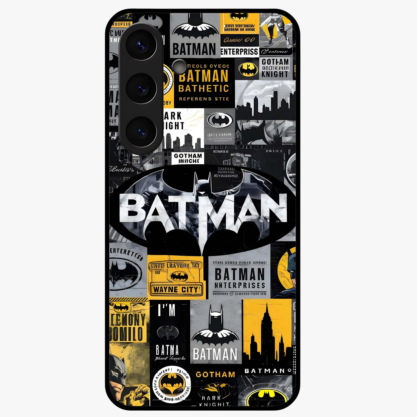 Knight Gotham Rise Glass Case showing flat back view with dark hero inspired artwork and glossy glass finish.