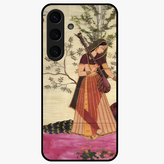 Lady With Veena Art Glass Case showing flat back view with elegant woman playing veena artwork and glossy glass finish.