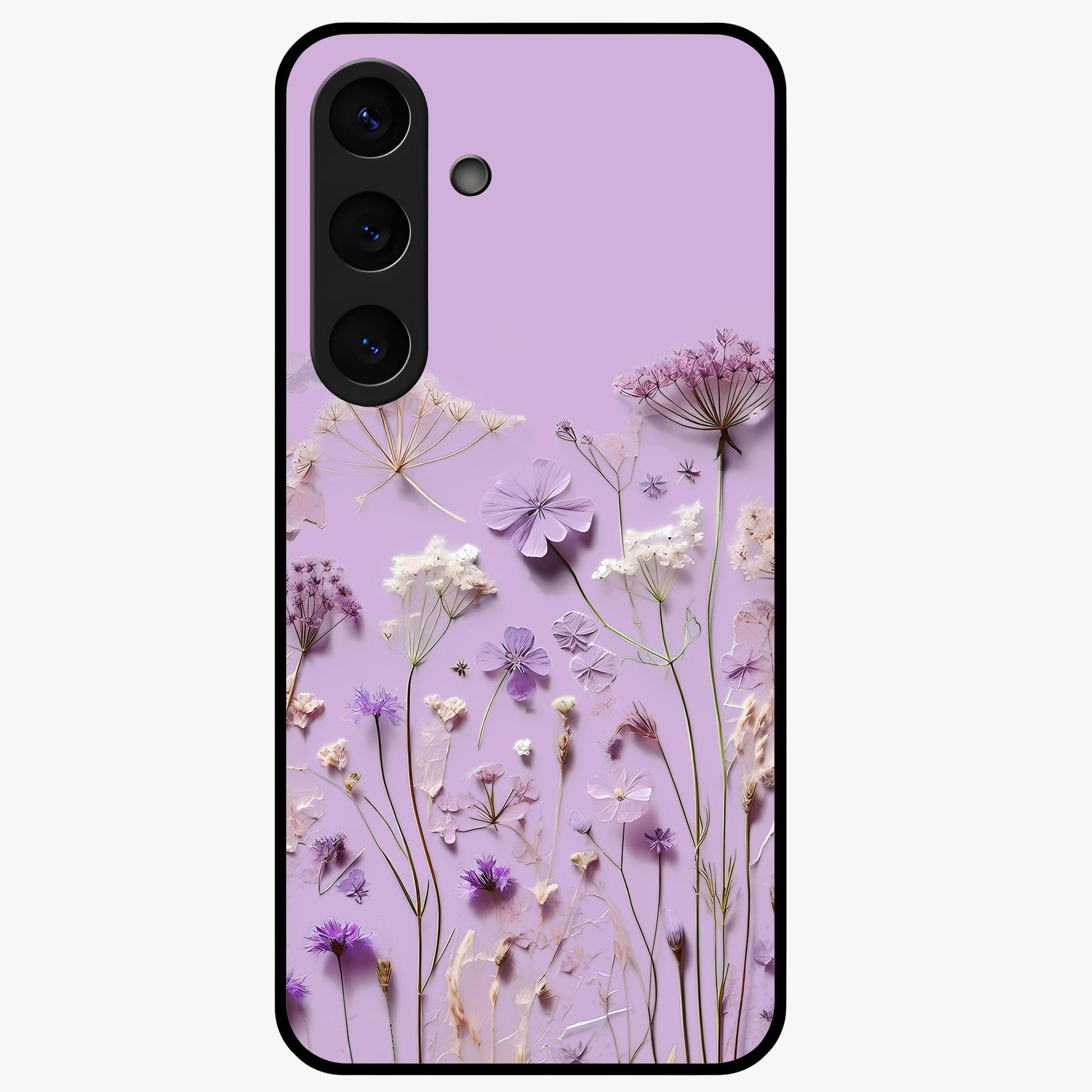 Lavender Blossom Dream Glass Case showing flat back view with soft lavender floral artwork and glossy glass finish.