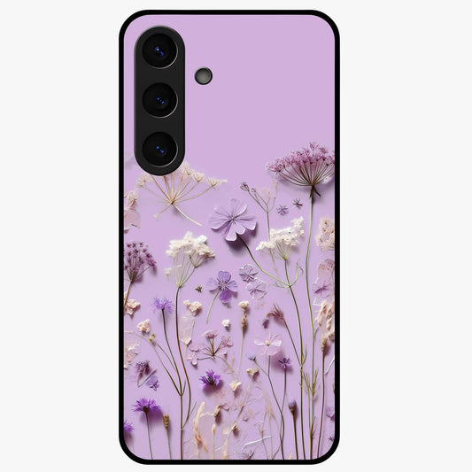 Lavender Blossom Dream Glass Case showing flat back view with soft lavender floral artwork and glossy glass finish.