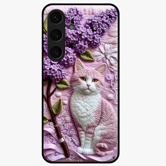 Lavender Cat Whimsy Glass Case showing flat back view with cute lavender cat artwork and glossy glass finish.