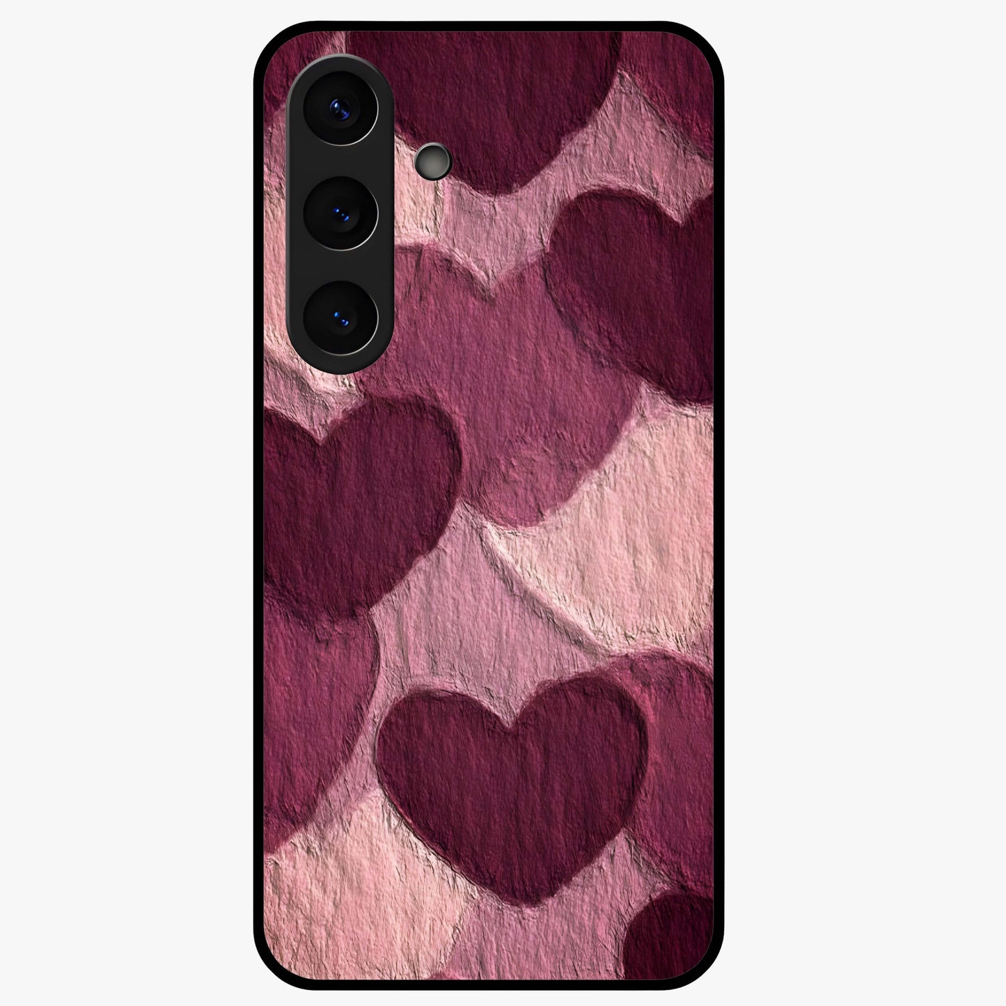 Layered Paper Hearts Glass Case showing flat back view with layered paper heart artwork and glossy glass finish.