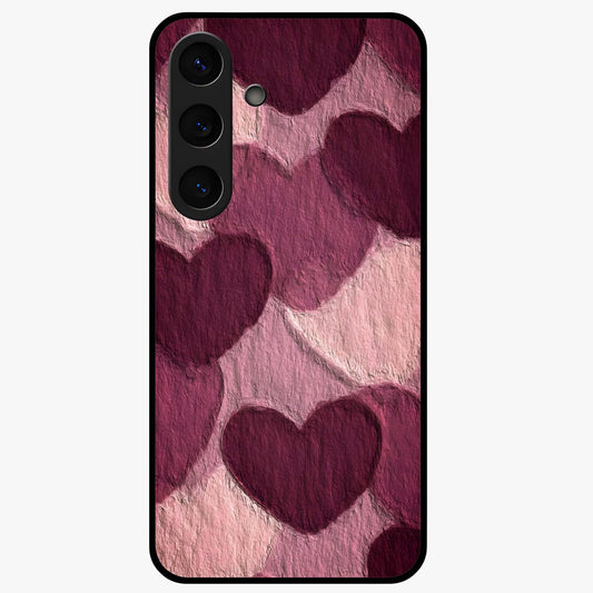 Layered Paper Hearts Glass Case showing flat back view with layered paper heart artwork and glossy glass finish.