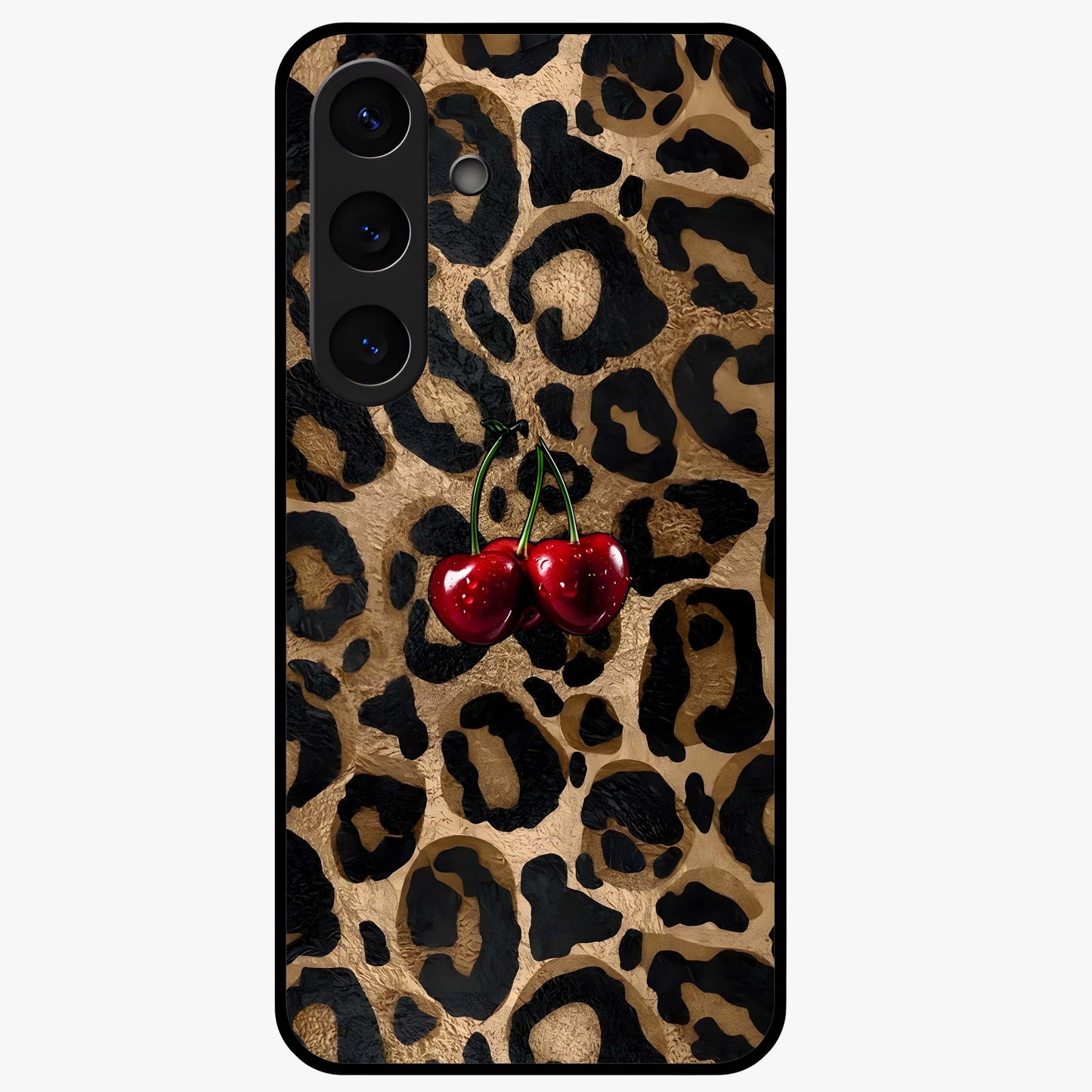 Leopard Wild Cherry Glass Case showing flat back view with leopard pattern and cherry artwork and glossy glass finish.