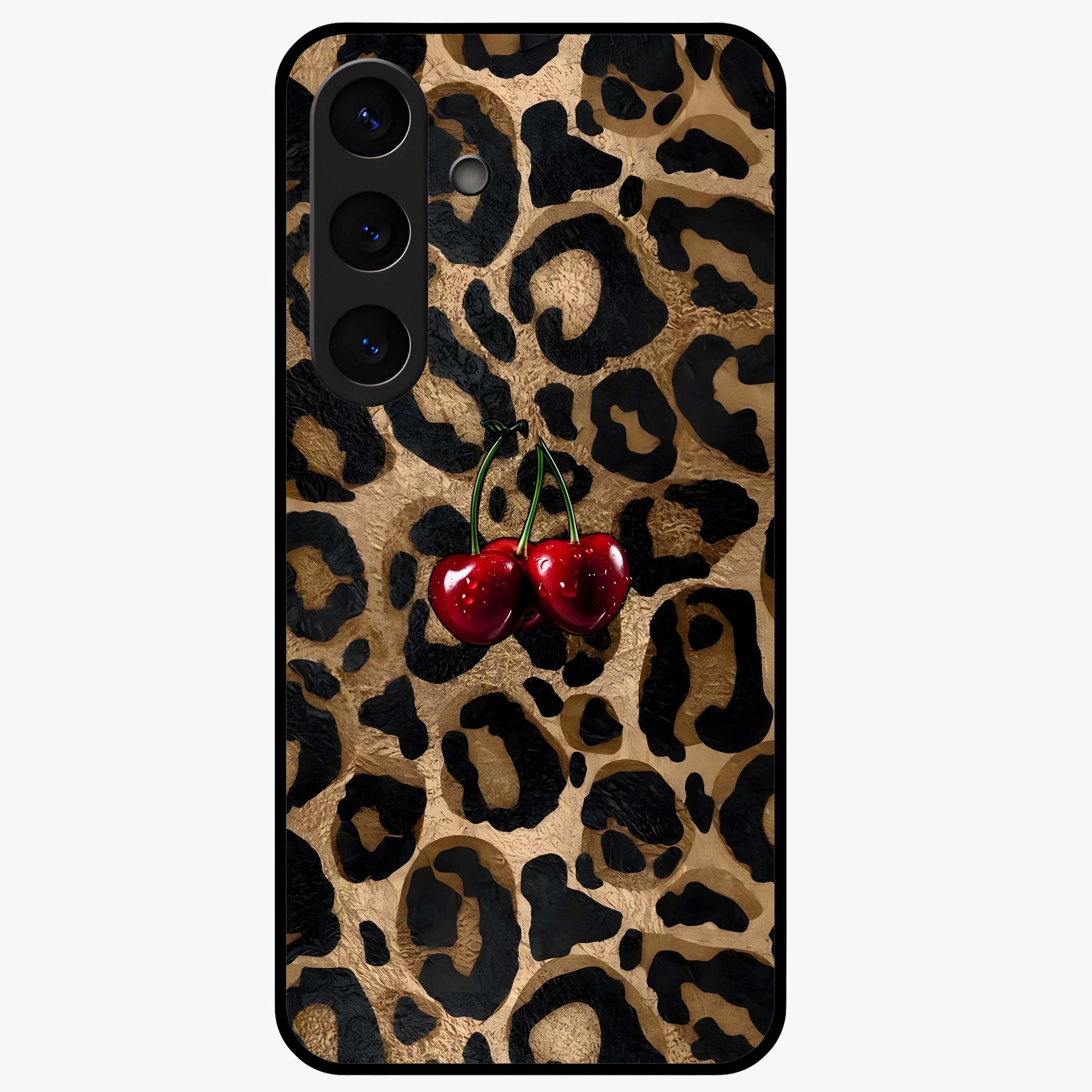 Leopard Wild Cherry Glass Case showing flat back view with leopard pattern and cherry artwork and glossy glass finish.
