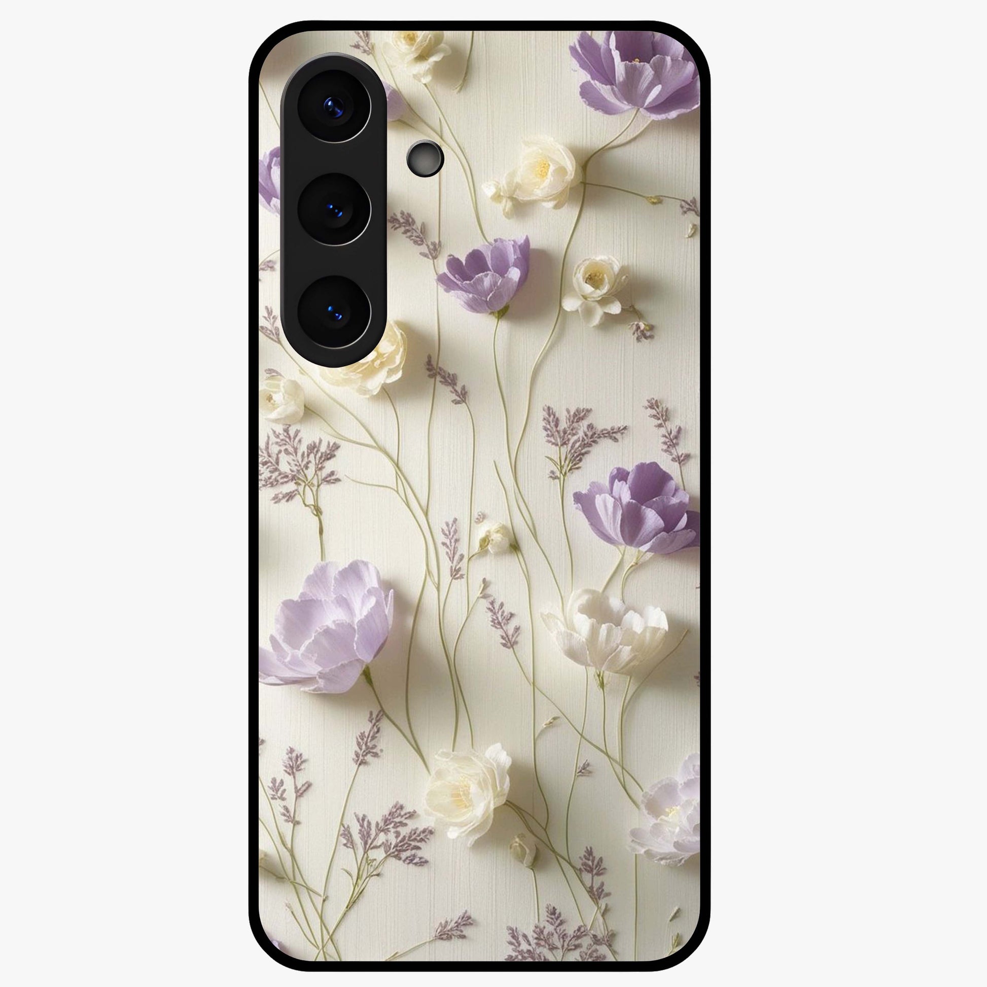 Lilac Breeze Harmony Glass Case showing flat back view with soft lilac themed artwork and glossy glass finish.