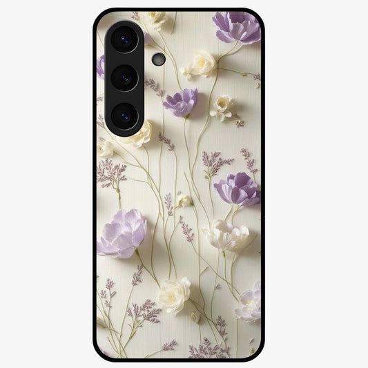 Lilac Breeze Harmony Glass Case showing flat back view with soft lilac themed artwork and glossy glass finish.