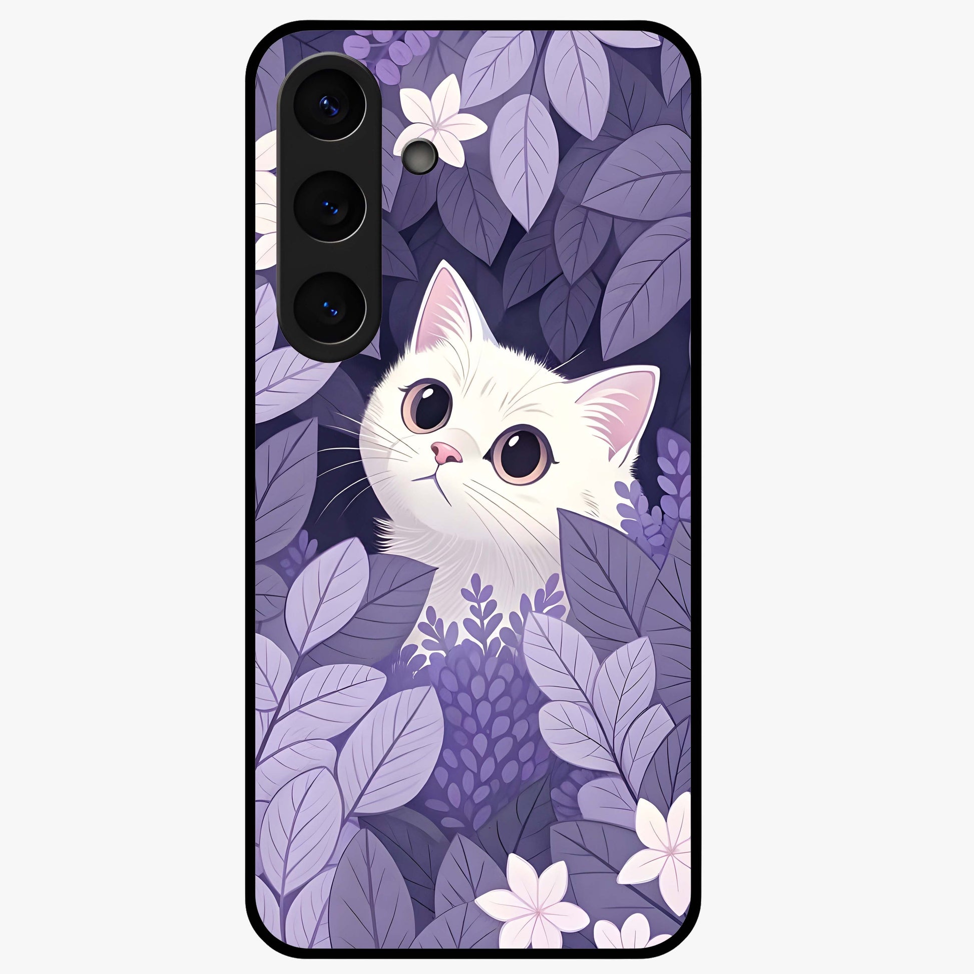 Lilac Hide Peek Cat Glass Case showing flat back view with cute peeking cat artwork and glossy glass finish.