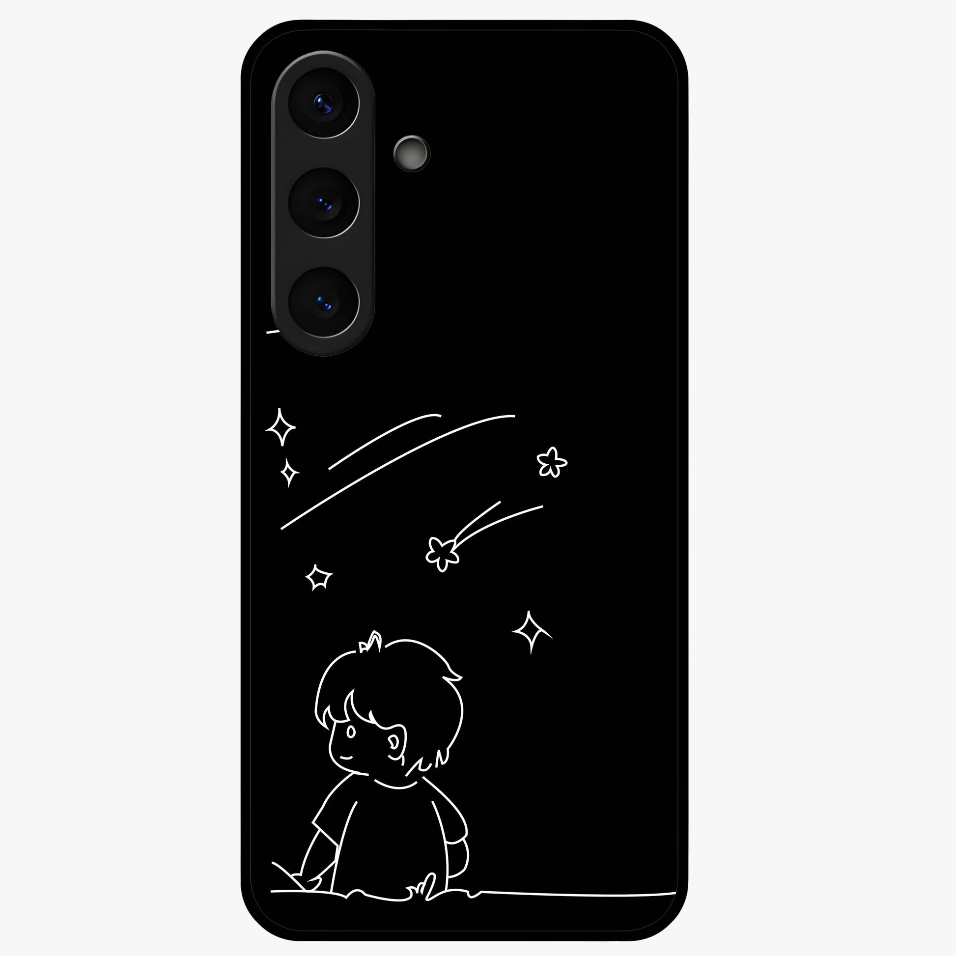Line Art Boy With Shooting Stars Glass Case showing flat back view with minimal line art boy and shooting stars illustration and glossy glass finish.