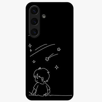 Line Art Boy With Shooting Stars Glass Case showing flat back view with minimal line art boy and shooting stars illustration and glossy glass finish.