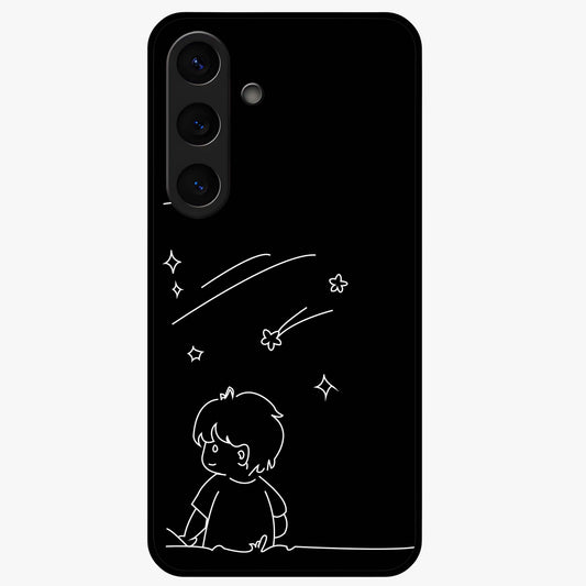 Line Art Boy With Shooting Stars Glass Case showing flat back view with minimal line art boy and shooting stars illustration and glossy glass finish.