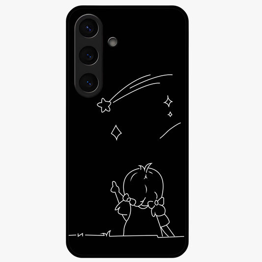 Line Art Girl With Shooting Stars Glass Case showing flat back view with minimal line art girl and shooting stars illustration and glossy glass finish.