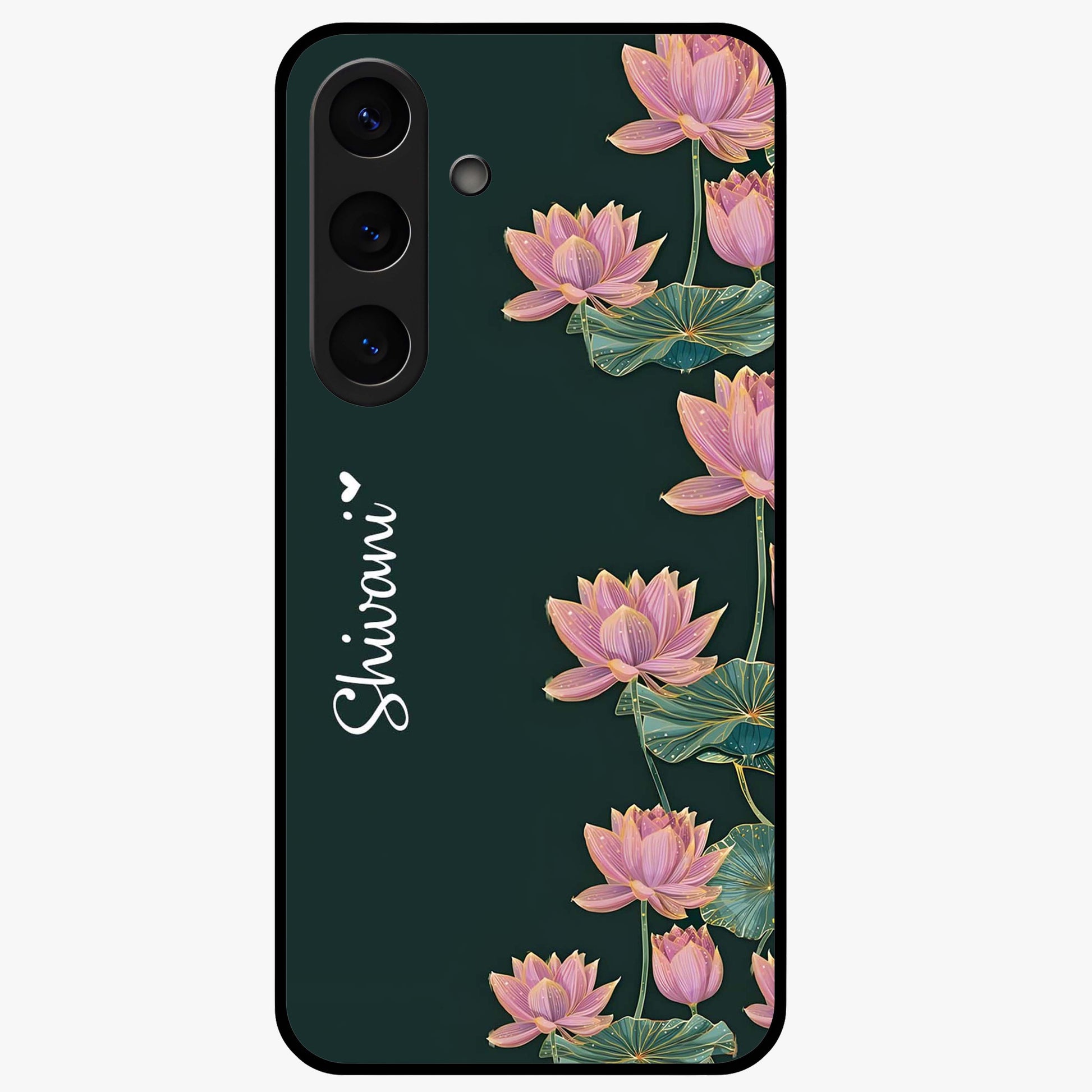 Lotus Bloom Serenity Custom Name Glass Case showing flat back view with elegant lotus flower artwork and personalized name design.
