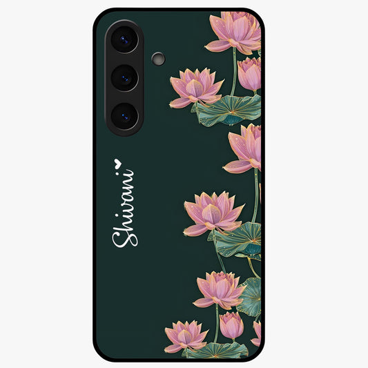 Lotus Bloom Serenity Custom Name Glass Case showing flat back view with elegant lotus flower artwork and personalized name design.