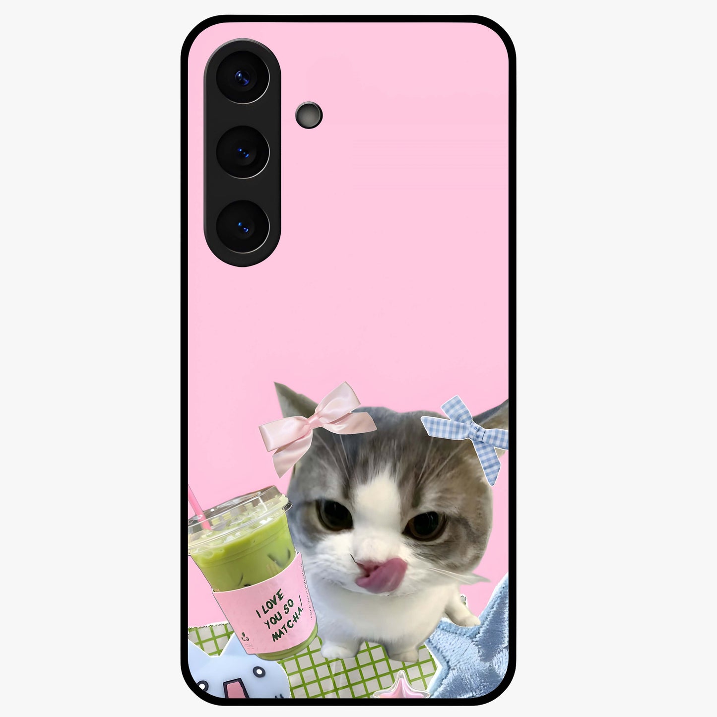 Love Matcha Cat Glass Case showing flat back view with cute cat and matcha themed artwork and glossy glass finish.