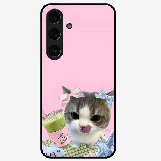 Love Matcha Cat Glass Case showing flat back view with cute cat and matcha themed artwork and glossy glass finish.