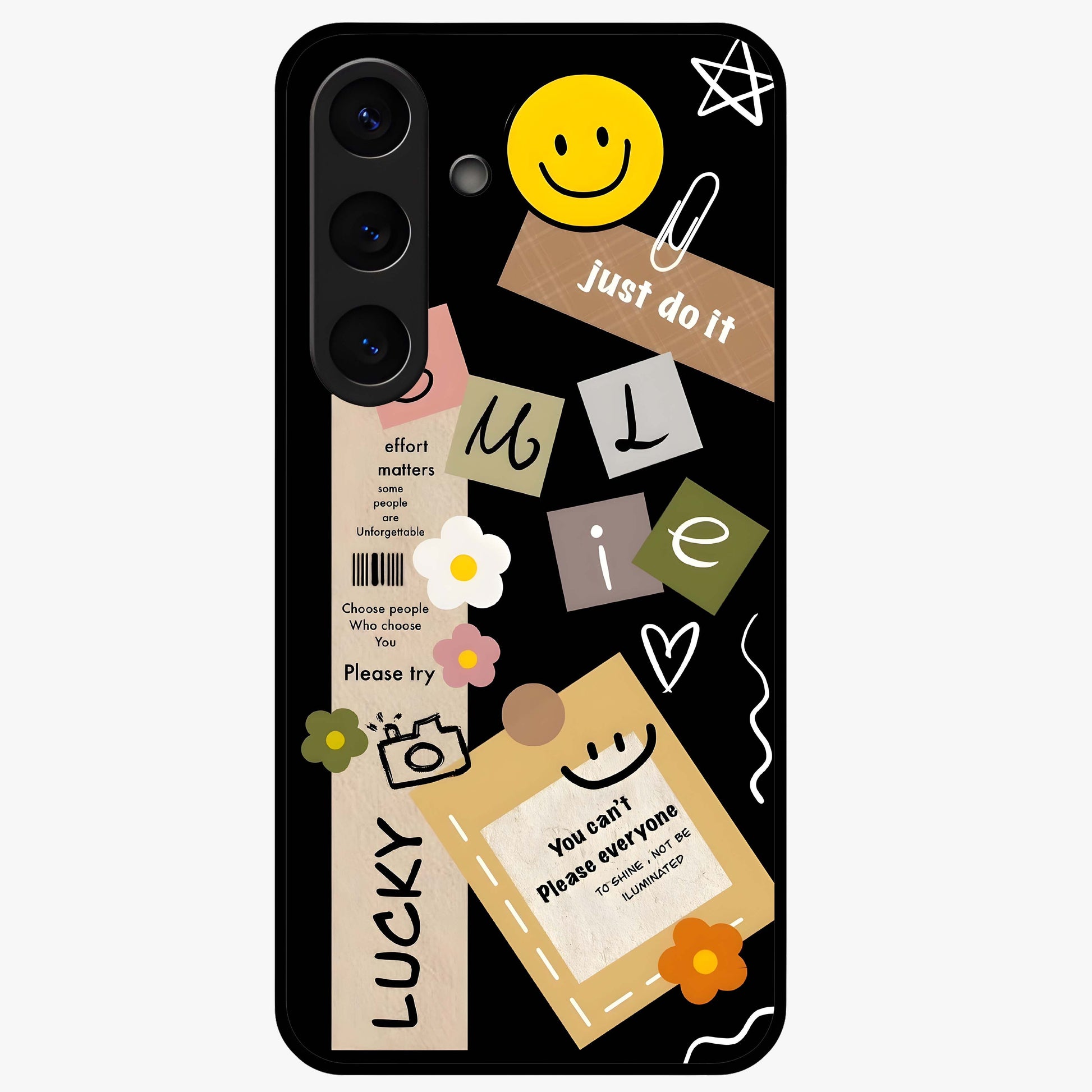 Lucky Aesthetic Collage Glass Case showing flat back view with trendy aesthetic collage artwork and glossy glass finish.