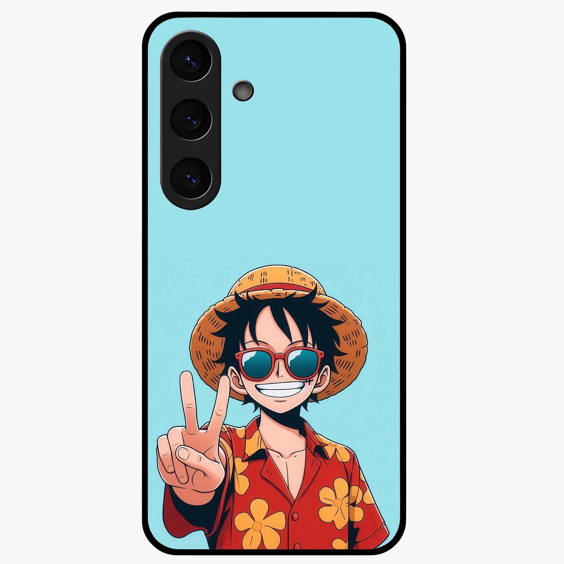 Luffy Summer Anime Vibe Glass Case showing flat back view with vibrant anime character artwork and glossy glass finish.
