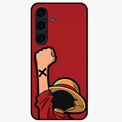 Luffy X Spirit Glass Case showing flat back view with bold anime character artwork and glossy glass finish.